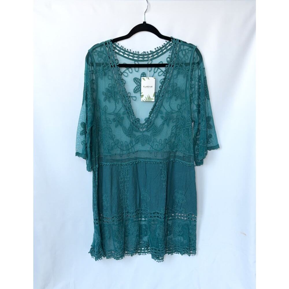 Teal Lace Swim Cover Up Sheer Boho Tunic Beach Dress Crochet Floral Top